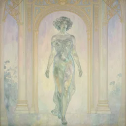 close up of a glass woman walking in a temple, art nouveau wallpaper, dripping watercolor by gottfried helnwein, by hammershøi, highly detailed, lights by edward hopper, liminal, eerie, pastel colors, limited palette