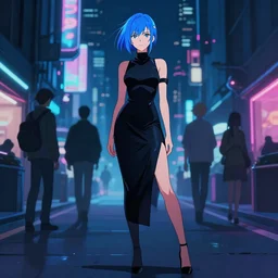 digital illustration of cyberpunk pretty girl with blue hair, wearing a tight black dress, full body pose, in city street at night, by makoto shinkai, ilya kuvshinov, lois van baarle, rossdraws, basquiat
