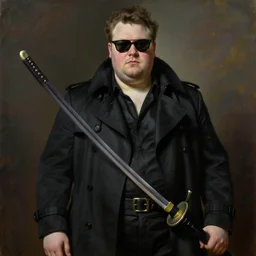 portrait of an overweight handsome man in a black outfit, katana!!!! trenchcoat sunglasses, a flemish baroque by alexander mcqueen, art by john collier by greg rutkowski and craig mullins, oil on canvas