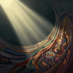 editorial illustration by karolis strautniekas and mads berg, melting disintegrating flowing curvilinear sacred, colorful, fine texture, detailed, muted colors, film noir, dramatic lighting, dynamic composition, vivid, matte print, wide angle, ( ( sunbeams ) ), moody, extreme perspective