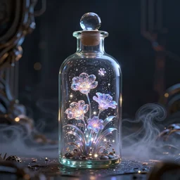 immortal flowers, glass bottle, sparkling, unreal engine, global illumination, smoke, detailed and intricate environment, mysterious, in the style of aetherpunk