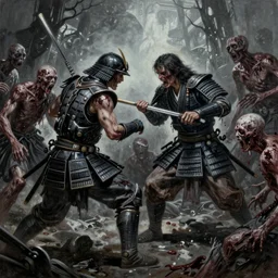 highly detailed painting of a samurai battling zombies, gruesome, scary, sci-fi, hyper realistic, in the style of Star Wars, noir