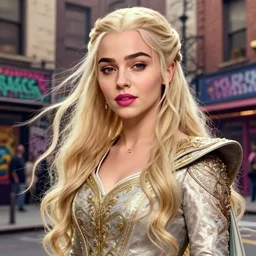 closeup portrait beautiful seductive daenerys targaryen with long blonde windblown hair in an ornate royal dress, standing on a street in chinatown, pink lipstick, glamour pose, detailed illustration, digital art, trending on artstation, arney freytag, frank miller, moebius, graffiti, gta v,