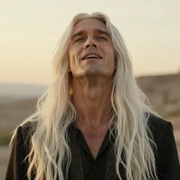 Lee Pace with long white-blond hair, a head and shoulders masterpiece, in rapture, golden hour, artstation, in the style of Art Deco and Edward Hopper and Bosch, extremely detailed