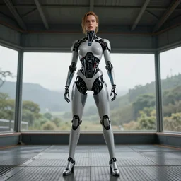 body portrait kate beckinsale as cyborg, trending artstation, cinematic, full body, metal floor, high ceiling, nature landscape in window, unreal engine