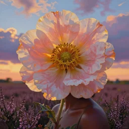 closeup, large flower as head, black woman in heather field, surreal photography, golden hour, colorful clouds, impressionist painting, digital painting, artstation, simon stalenhag