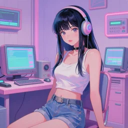 retro 9 0 s japanese, lofi girl aesthetic illustration, girl in room pastel, vaporwave colors, anime, futuristic, hyperrealistic painting, by stanley twardowicz, ilya kuvshinov, rossdraws