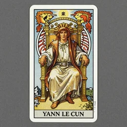 Yann LeCun sitting on the throne on a tarot card, illustrated on the Rider–Waite tarot, art style by Alphonse Mucha