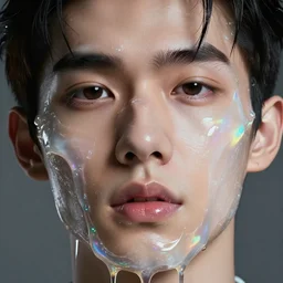 extreme close up of gorgeous hyperrealistic male face melts like iridescent ice cream, digital art masterpiece, highly detailed neo pop surrealism, jason limon kay sage hannah yata, dramatic lighting, medium shot, low angle, uhd 8 k, sharp focus