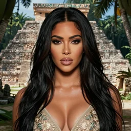 detailed portrait of kim kardashian in mayan pyramid jungle ruins by rudolf ernst, john frederick lewis, jean - leon gerome, rudolf weisse, david roberts, charles theodore frere, alfred dehodencq, orientalism