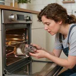 woman puts a big rat in the oven 90s by Laurie Lipton, high detailed, 8k
