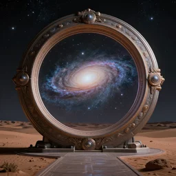 a circular stargate leads to another galaxy in the middle of the desert at night, cinematic shot, ornate, epic, high definition, 8 k, midjourney, artstation