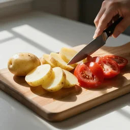 cut potatoes and tomatoes, on a wooden board, sunlight streaming in, cookbook photography
