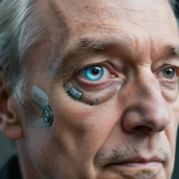 closeup portrait of an old man with a cybernetic eye, robotic eye, 8k concept art