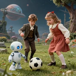detailed, sharp, a boy and a girl and with their cute pet humanoid robot are playing soccer, wearing 1850s era clothes, in a park on a strange alien planet, extremely highly detailed, in focus faces, 70 mm still from a classic period sci fi color movie, 4k, HD, cinematic lighting