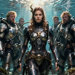 detailed ultrarealistic photography front medium shot of waterworld, warhammer, postapocalyptic, scifi cyberpunk scubadiver, battlemage girl, leyendecker, norman rockwell, greg rutkowski, artstation cinematic, vray game of thrones, lord of the rings