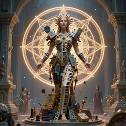 a photo of her a mystical goddess woman covered in modular synthesizer parts surrounded by sacred geometry made from elven architecture, full body, perfect face, powerful, cinematic, beautifully lit, in the style of noah bradley and donato giancola and tomasz alen kopera and fenghua zhong and peter mohrbacher, mystical colors, rim light, beautiful lighting, 8 k, stunning scene, raytracing, octane, trending on artstation, sharp focus, intricate, masterpiece, 8 k