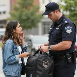 tall, broad shouldered, security guard checks the bags of a worried looking couple, man and woman