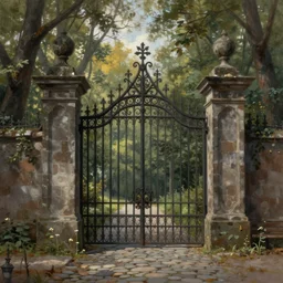 beautiful digital painting high quality heavy iron gothic gate in the woods cobblestone ground by Bernardo Bellotto, artstation behance