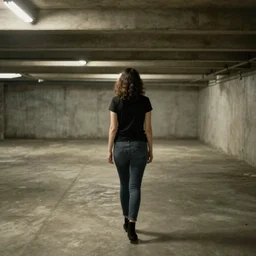 color photograph, view from behind, a woman in the empty basement, 1 9 9 0 photograph magazine