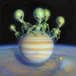 aliens landing on jupiter's surface, photorealistic, colorful, art by bob ross