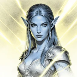 cross hatching portrait of a beautiful female blue elf by atey ghailan, greg rutwoski, greg tocchini, sergio toppi, dynamic lightning, gradient light yellow, gray and white color scheme, fantasy aesthetic