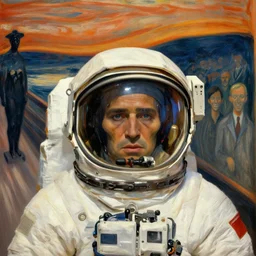 a close up portrait of an astronaut wearing helmet, interior room, edvard munch, obsidian statues, scene from the godfather, crowd of smiles, miles johnston, cynical realism, lucian freud, monet, bruce bickford masterpiece