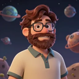 cell shaded, pleasant, happy, husky, nerdy man character portrait, on an alien planet, wearing polo shirt, earth tones, dark auburn wavy hair, full beard, glasses without frames, freckles, by don bluth, highly detailed, dynamic shadows, 4 k, wallpaper - 1 0 2 4