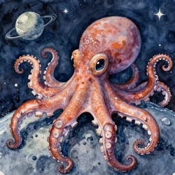 friendly octopus in space. watercolor. detailed. deep. masterpiece. camille pissarro