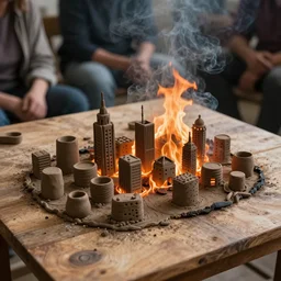a photo of a city made out of clay on wooden table burned by fire, smoke, few person is watching on side, realistic, low depth field, trending on artstation, cinematic