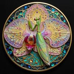 majestic colorful orchid mantis mandala enamel by james jean and yoshitaka amano, cloisonne, iridescent, black opals, beautiful hyperdetailed art nouveau orchids, ultrasharp photorealistic octane render