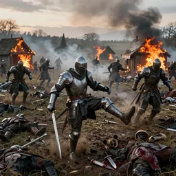 knights in battle, distressed armor, swords, knives, kicking, boots, burning houses, running, dead bodies in mud, sanguinary blood splatters, flying mud, debris, boots, smoke, fighting, field, wet, dawn, cold breath, hyper realistic, octane render, hyper detailed, cinematic, crane shot