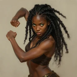 portrait of combat dancer, female, black skin, pretty, green eyes, dreadlock black hair, high fantasy, arabian nights inspired, smooth, sharp focus, digital painting, by artgerm and greg rutkowski and alphonse mucha