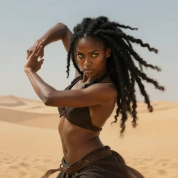 portrait of combat dancer, female, black skin, pretty, green eyes, dreadlock black hair, high fantasy, arabian nights inspired, smooth, sharp focus, desert background, digital painting, by artgerm and greg rutkowski and alphonse mucha