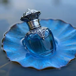 natural light, soft focus extreme close up of a perfume bottle on a lilpad in the water, blue bioluminescent plastics, smooth shiny metal, elaborate ornate head piece, piercings, skin textures, by annie leibovitz, paul lehr