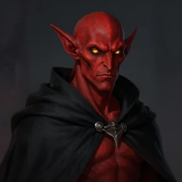 A tiefling with red skin and gold eyes, wearing a black cloak, style of Greg Rutkowski, dungeons and dragons character art, artstation