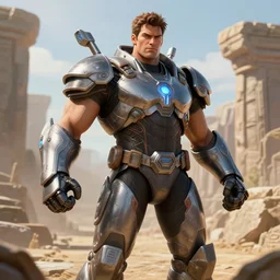 veteran superhero, gigachad in armour, powerful male character from futuristic movies, character portrait, trading card game art, perfectly shaded, extremely detailed, matte, artstation, volumetric lighting, 4 k, deep focus, dynamic scene, specular highlights, sharp focus, deserted landscape, ancient stone ruins, art by carlos huante and brom