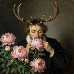 the peonies eating man with antlers. painting by frank sedlacek, jan van eyck