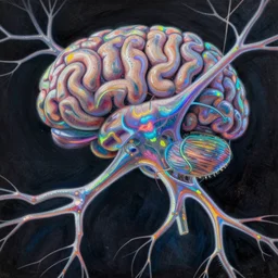 electric brain neurons, painted by peter lloyd and frank wu, trending on artstation, rembrandt lighting front view iridescent colors, chalk art, macro, magic realism, manierism