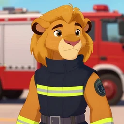 beautiful portrait of a female anthropomorphic lioness fursona fireman. firetruck. character design by disney, charlie bowater, ross tran, artgerm, and makoto shinkai, detailed, soft lighting, rendered in octane