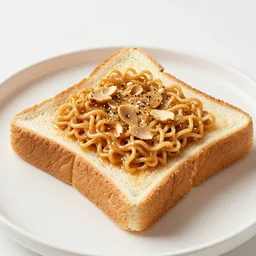 peanut butter toast with indomie mi goreng noodles on top of the bread 1 slice, photo realistic, gourmet