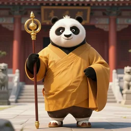 a anthropomorphic panda monk in temple