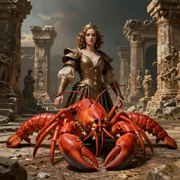 costume design made by lobsters, sophisticated composition, old masters light composition, procedurally generated, character posing for concept art, ancient ruins behind, substance designer, PBR, HD, Ultra detailed, hyperrealistic, megascans, volumetric light, concept by master artist, made in paint tool SAI2, trending pixiv face
