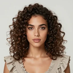portrait photo of woman with curly hair, ruffly dress. symmetrical face. symmetrical detailed defined eyes..