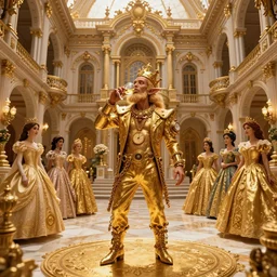el chapo is a genie standing in the middle of a grandiose mexican mansion. everything is made out of gold. el chapo the genie is sipping on wine. the mansion is incredible and ornate. chapo has a clockwork chain. there are princesses and queens everywhere around him because they love him, lovely scene of a genie being a pimp