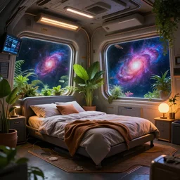 a futuristic room in a space station, a large bed and screens, lush plants, a colorful nebula can be seen through a window, messy, warm and happy lighting, trending on Artstation, very detailed, Gigapixel