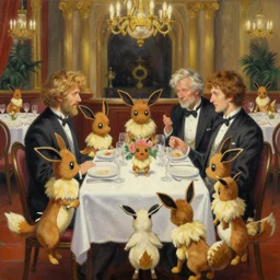 a romantic dinner date fancy restaurant scene, but it's all eeveelutions. trending on pixiv and artstation. absurdly - detailed oil painting, by james gurney, dan mumford, wayne reynolds, ron spencer, gustave dore, charles monet