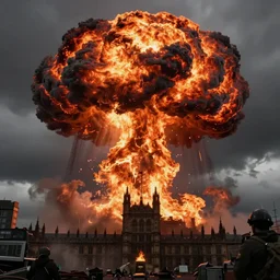 london during nuclear armageddon, fireball, mushroom cloud, screenshot from fallout 4