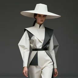 amazing photo of a fashion model wearing a modern geometrical costume and paper hat, photorealistic, hyperrealistic, extradetailed, modern detailed photo, digital art, unreal engine, v - ray, by reza nia, beehance, unsplash