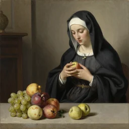 the society of the spectacle masterpiece ultrarealistic ultradetailed painting of catholic veiled lady beside fruits, still life, greg rutkowski, immerse, slime, 2 0 th century, special effects makeup, maximalist, glittering, gold, ivory, hyperreal, golden ratio, alphonse mucha